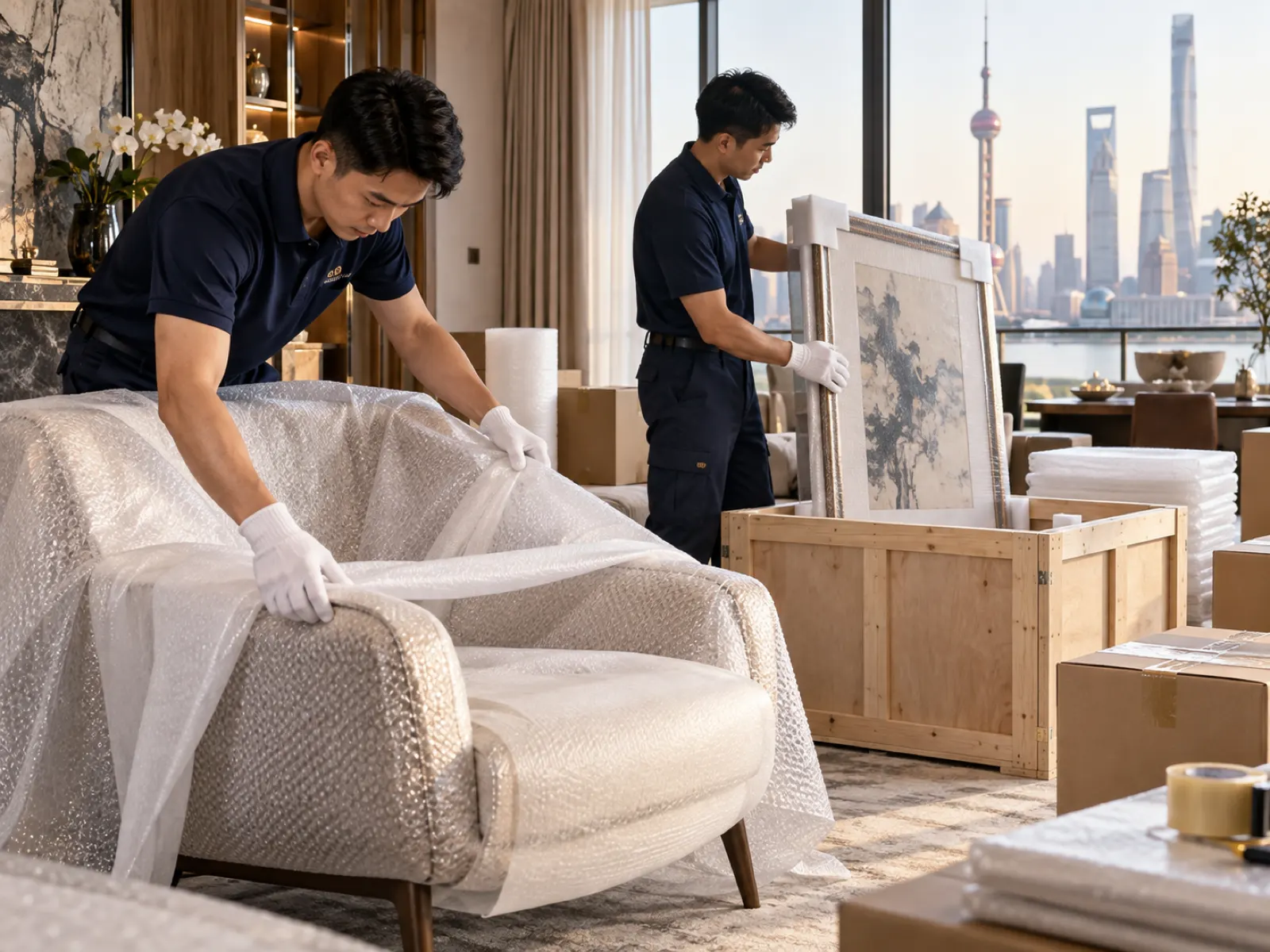 专业搬家团队为家具和艺术品进行多层防护包装